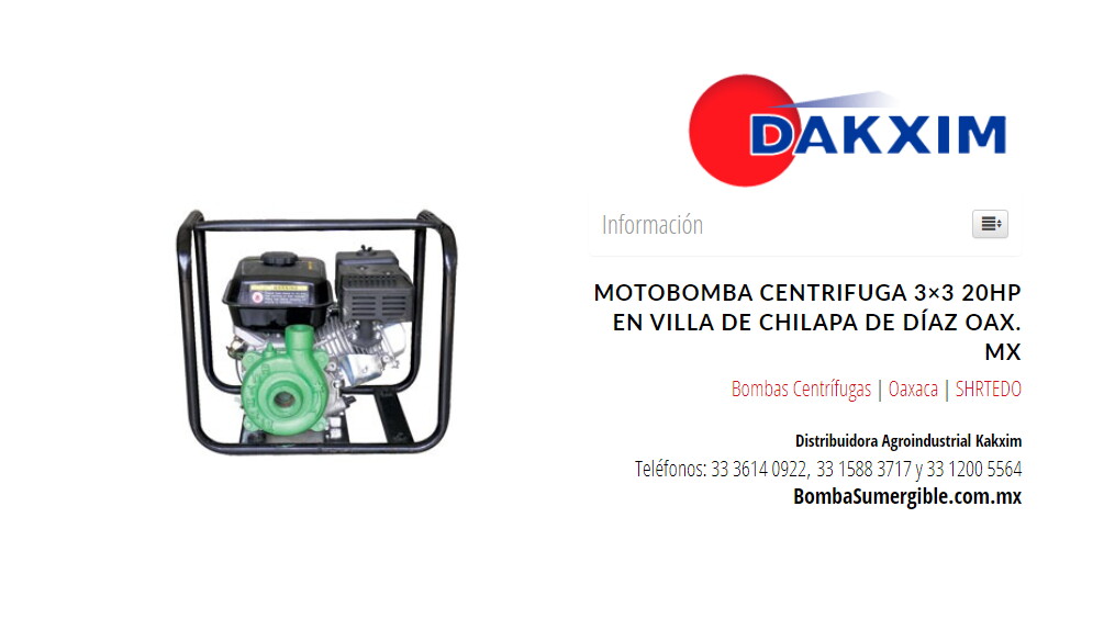 Motobomba Centrifuga 3×3 20hp en Villa de Chilapa de Díaz Oax. MX