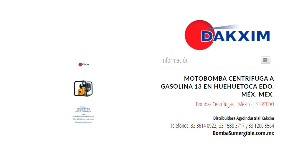 Motobomba Centrifuga A Gasolina 13 en Huehuetoca Edo. Méx. Mex.