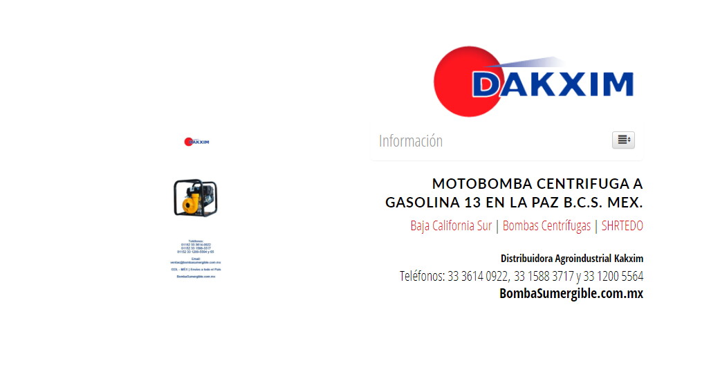 Motobomba Centrifuga A Gasolina 13 en La Paz B.C.S. Mex.
