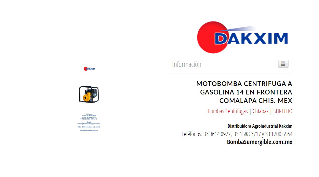 Motobomba Centrifuga A Gasolina 14 en Frontera Comalapa Chis. Mex