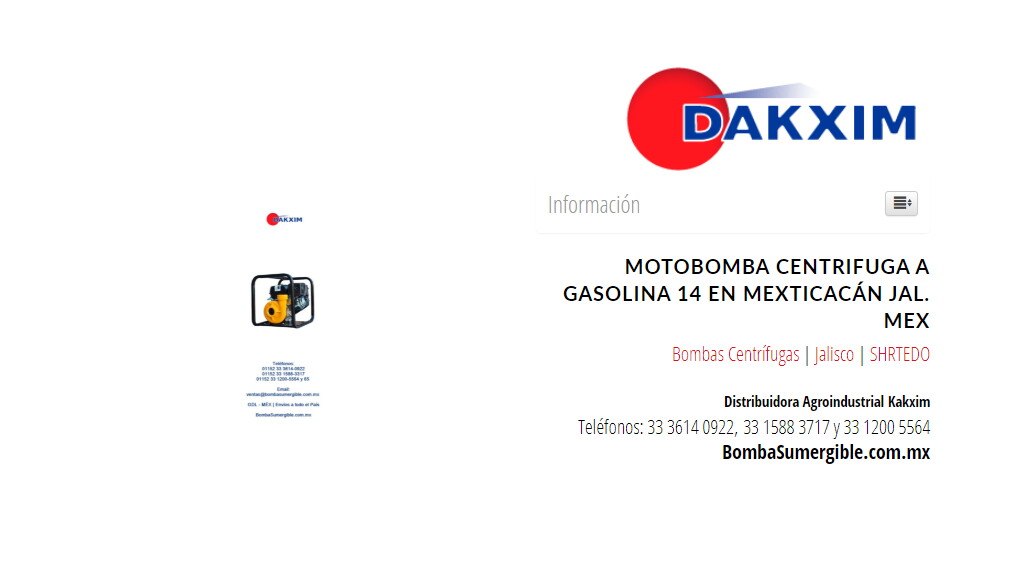 Motobomba Centrifuga A Gasolina 14 en Mexticacán Jal. Mex