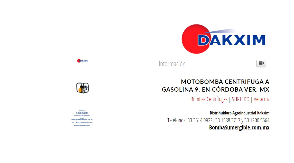 Motobomba Centrifuga A Gasolina 9. en Córdoba Ver. MX