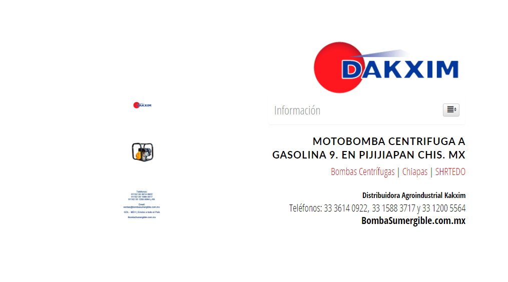 Motobomba Centrifuga A Gasolina 9. en Pijijiapan Chis. MX