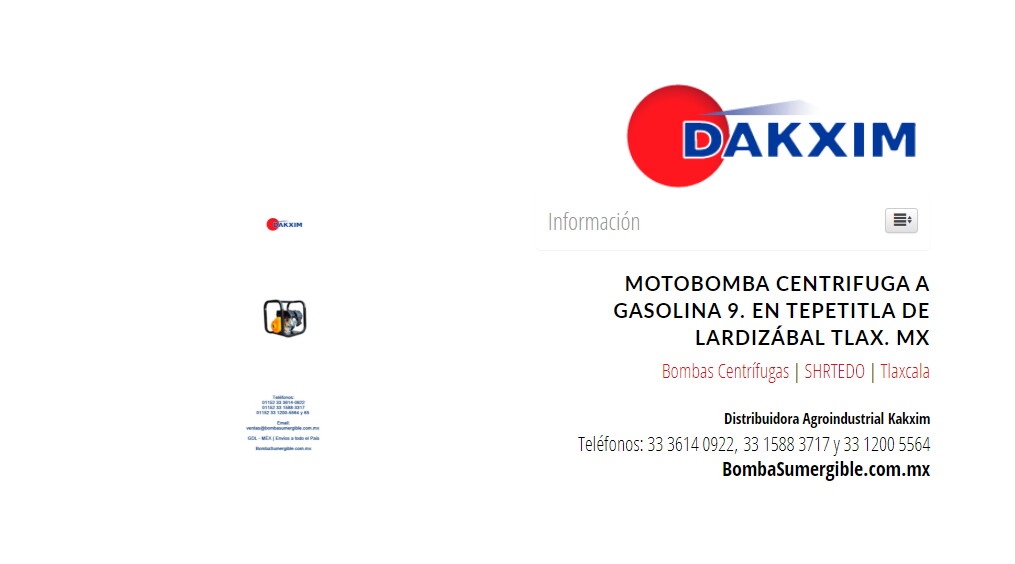 Motobomba Centrifuga A Gasolina 9. en Tepetitla de Lardizábal Tlax. MX