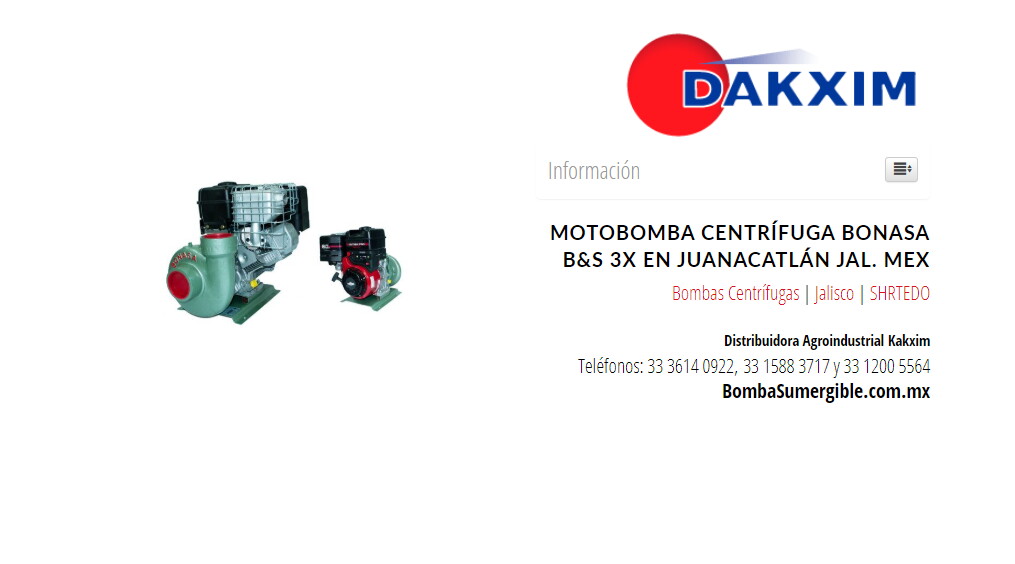 Motobomba Centrífuga Bonasa B&s 3x en Juanacatlán Jal. Mex