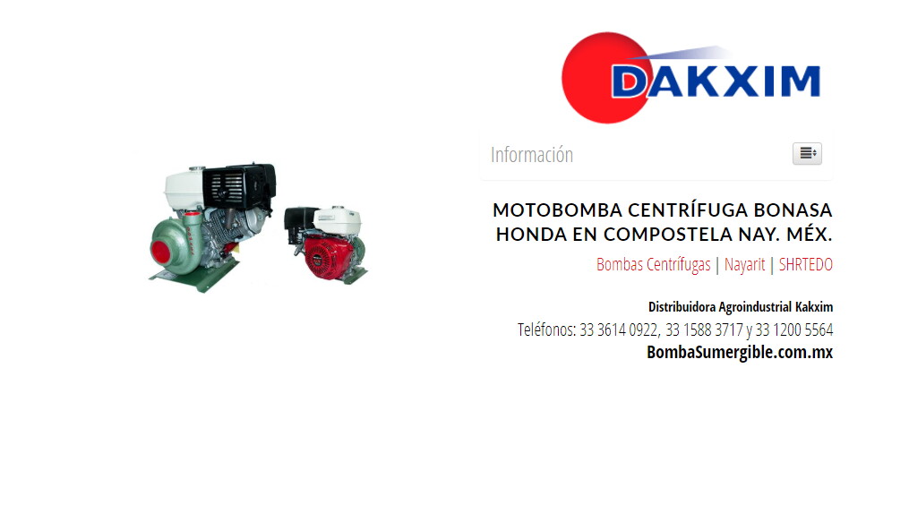 Motobomba Centrífuga Bonasa Honda en Compostela Nay. Méx.