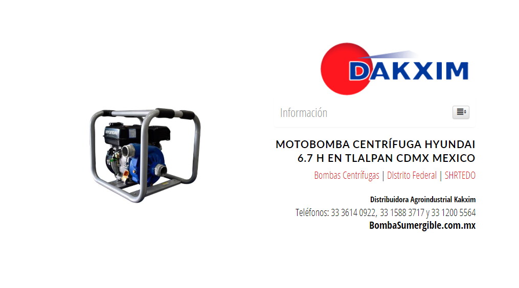 Motobomba Centrífuga Hyundai 6.7 H en Tlalpan CDMX Mexico