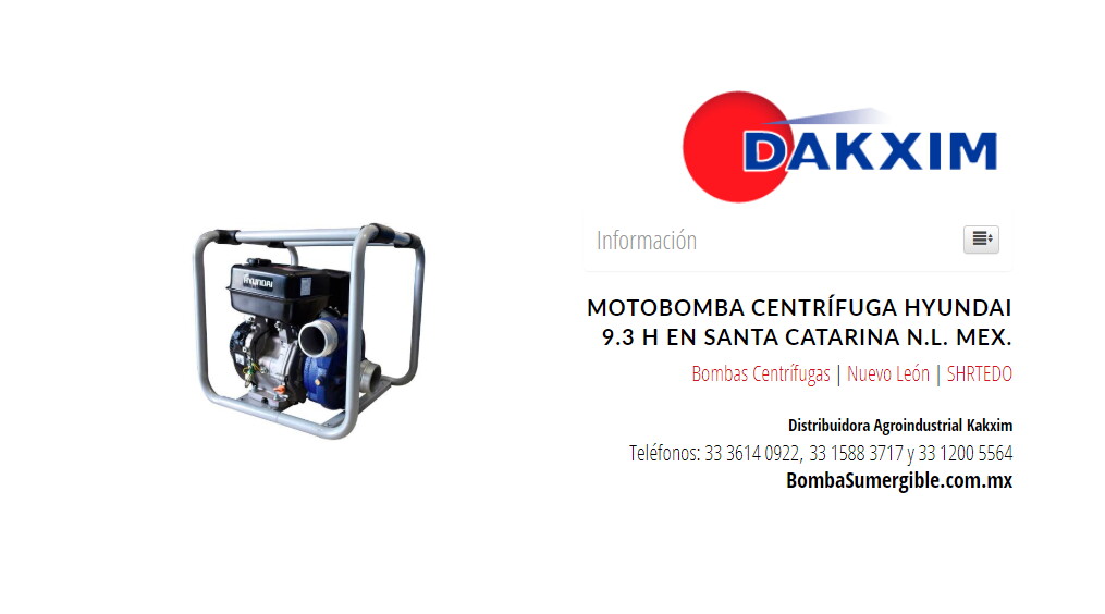 Motobomba Centrífuga Hyundai 9.3 H en Santa Catarina N.L. Mex.
