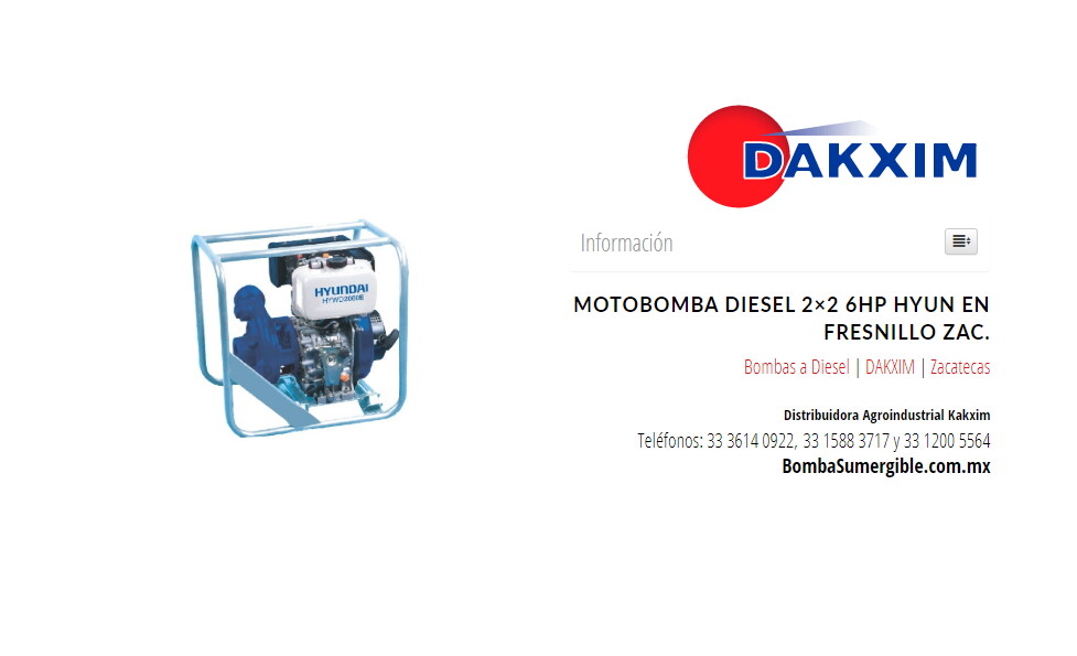 Motobomba Diesel  2×2 6hp Hyun en Fresnillo Zac.