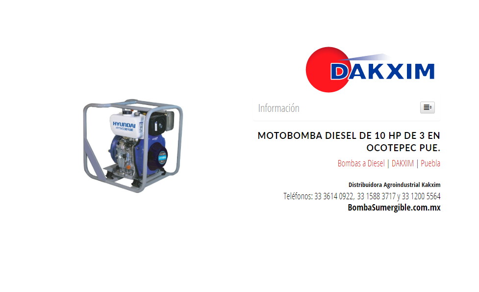 Motobomba Diesel De 10 Hp De 3 en Ocotepec Pue.