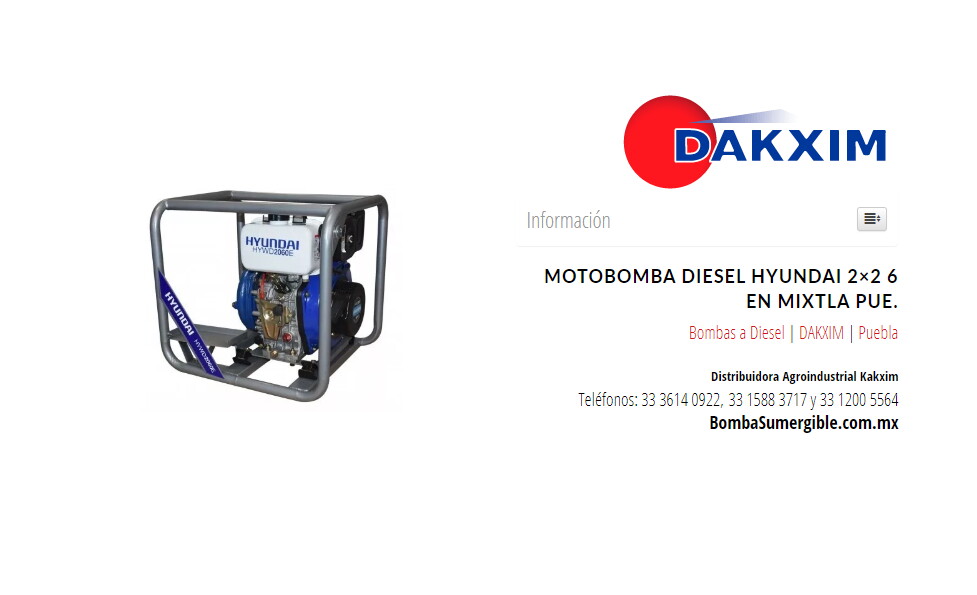 Motobomba Diesel Hyundai 2×2 6 en Mixtla Pue.