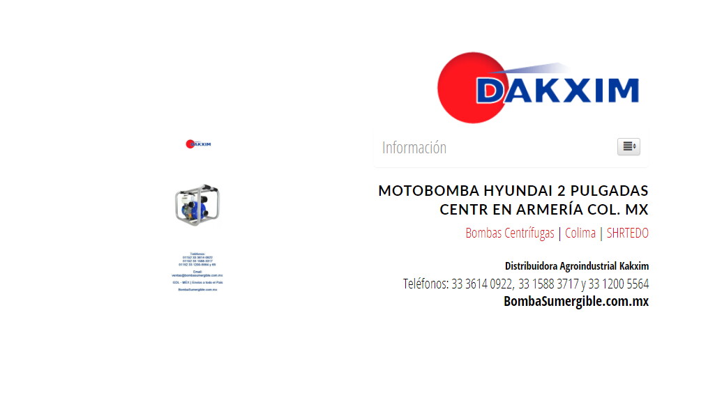 Motobomba Hyundai 2 Pulgadas Centr en Armería Col. Mx