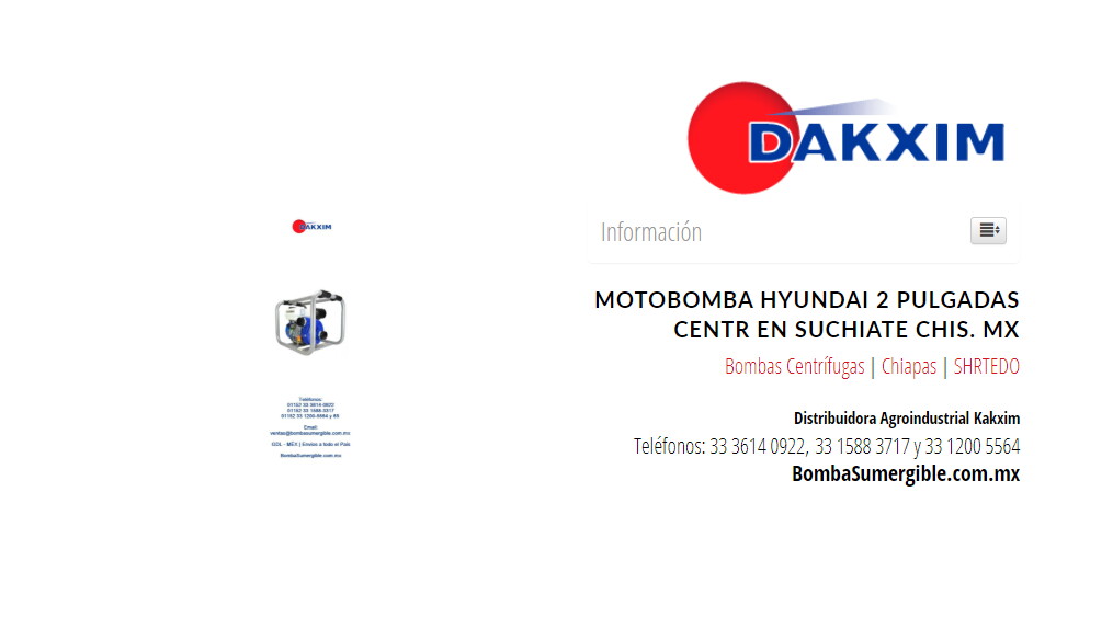 Motobomba Hyundai 2 Pulgadas Centr en Suchiate Chis. Mx