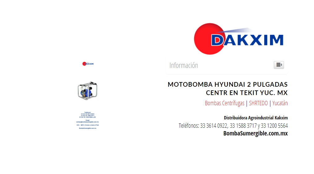 Motobomba Hyundai 2 Pulgadas Centr en Tekit Yuc. Mx