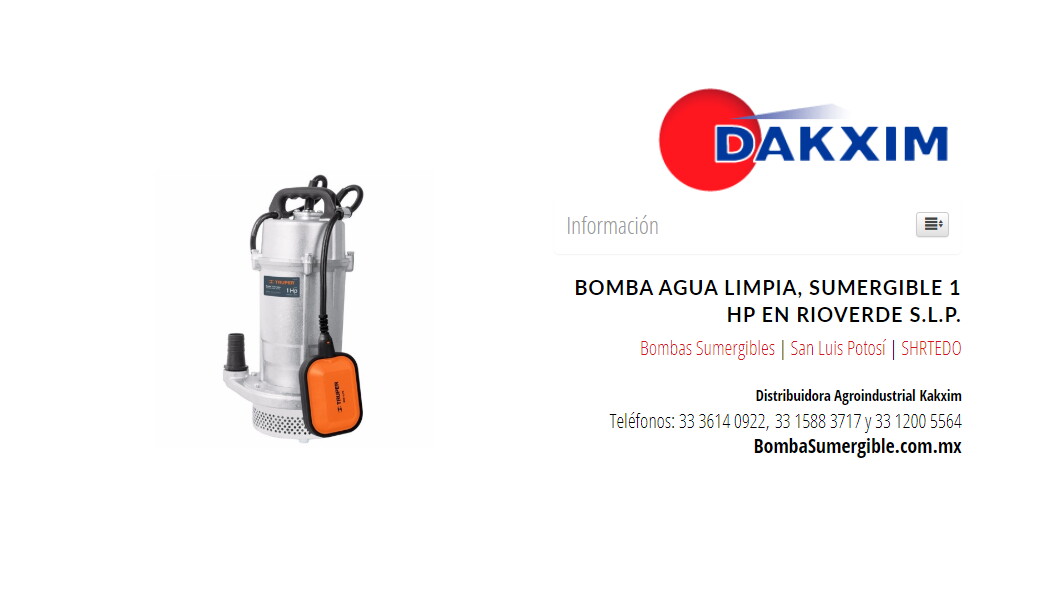 Bomba Agua Limpia, Sumergible 1 Hp en Rioverde S.L.P.