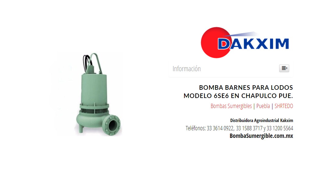 Bomba Barnes Para Lodos Modelo 6se6 en Chapulco Pue.