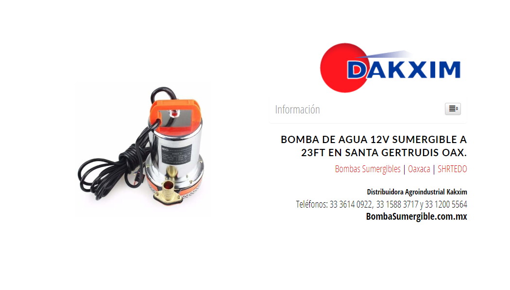 Bomba De Agua 12v Sumergible a 23ft en Santa Gertrudis Oax.