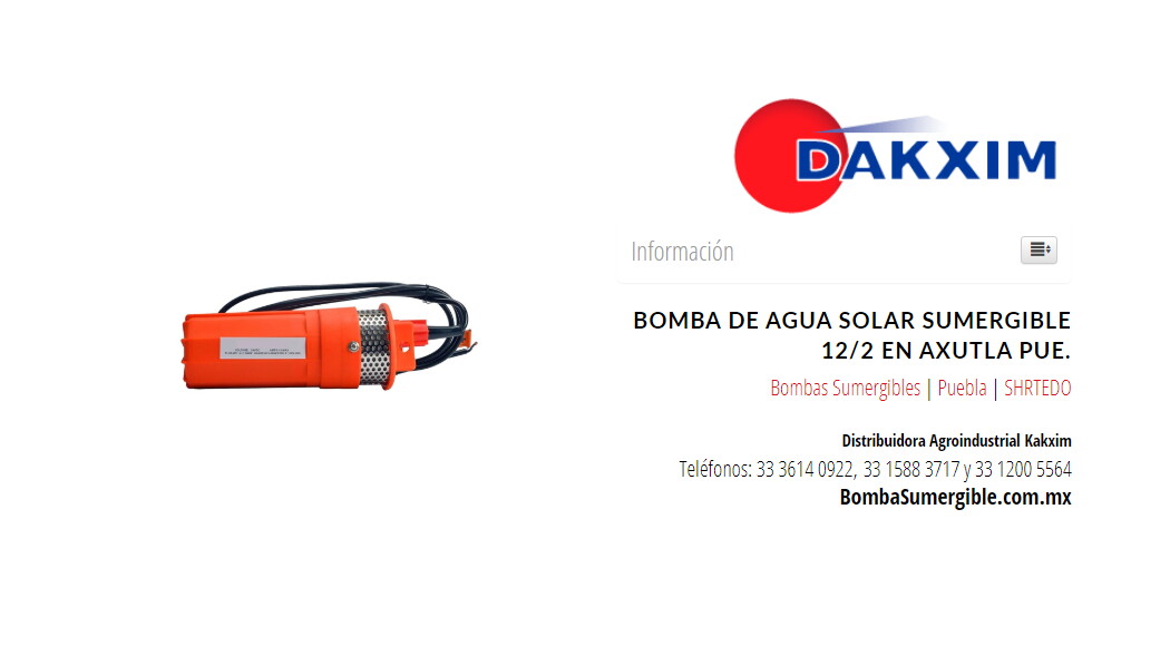 Bomba De Agua Solar Sumergible 12/2 en Axutla Pue.