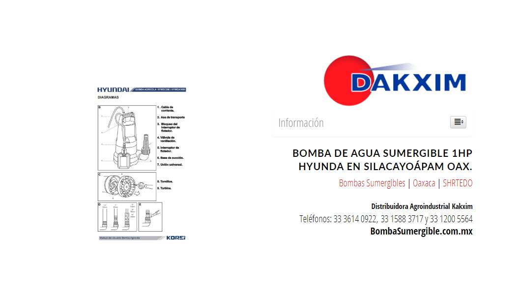 Bomba De Agua Sumergible 1hp Hyunda en Silacayoápam Oax.