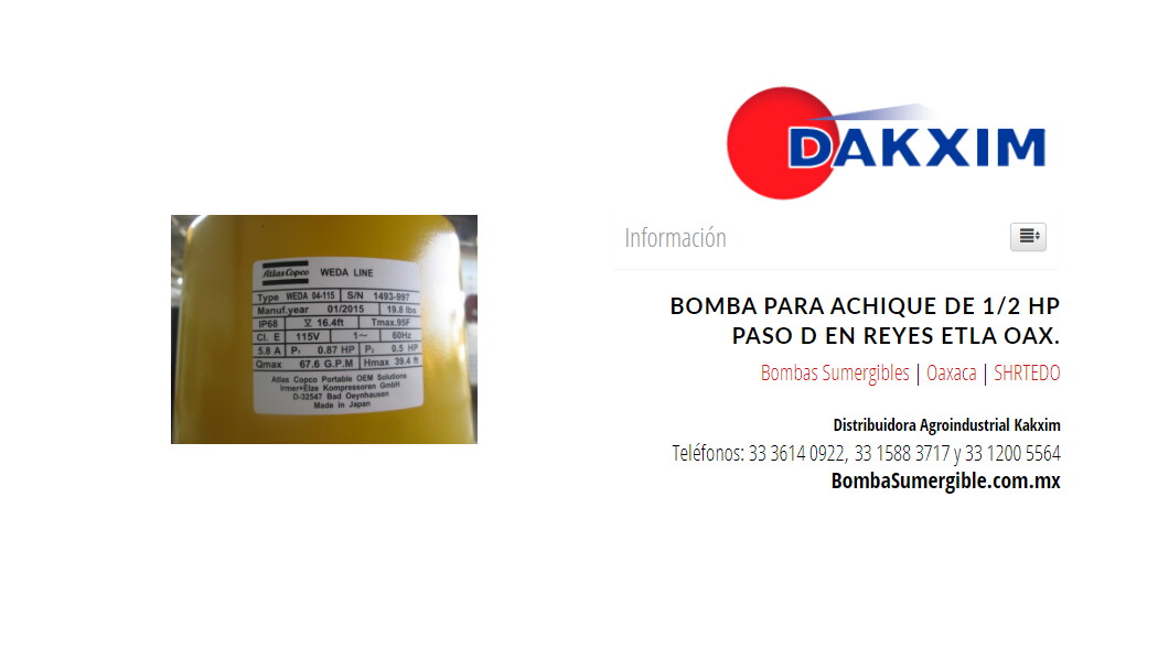 Bomba Para Achique De 1/2 Hp Paso D en Reyes Etla Oax.