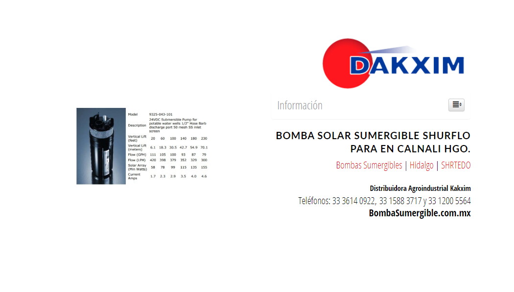 Bomba Solar Sumergible Shurflo Para en Calnali Hgo.