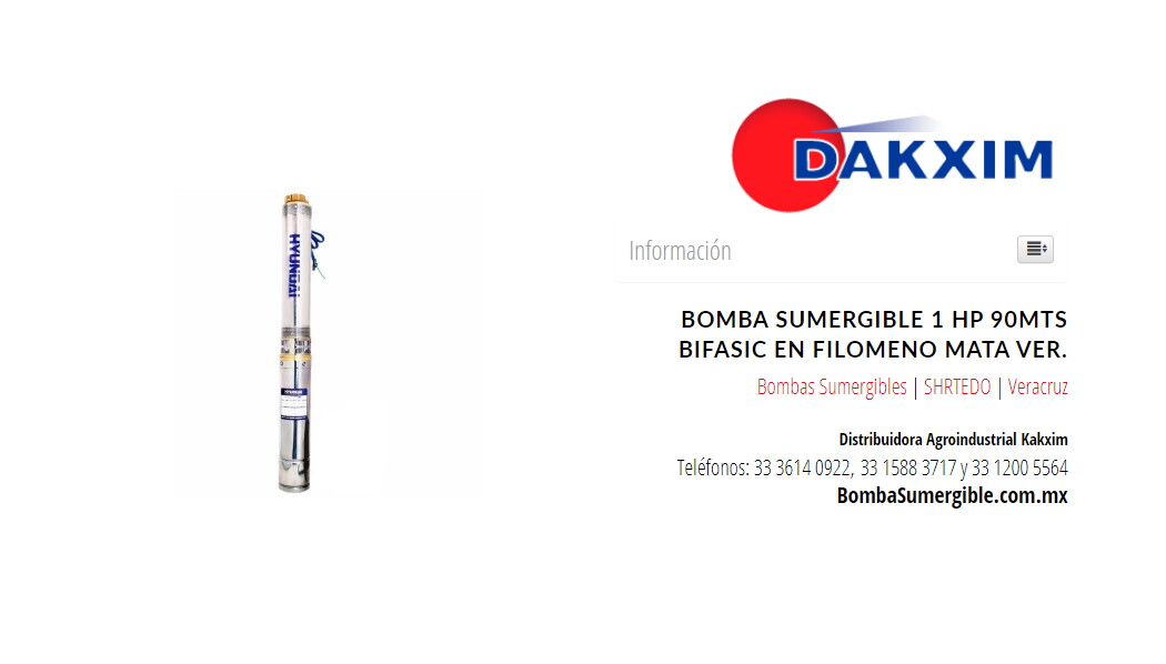Bomba Sumergible 1 Hp 90mts Bifasic en Filomeno Mata Ver.