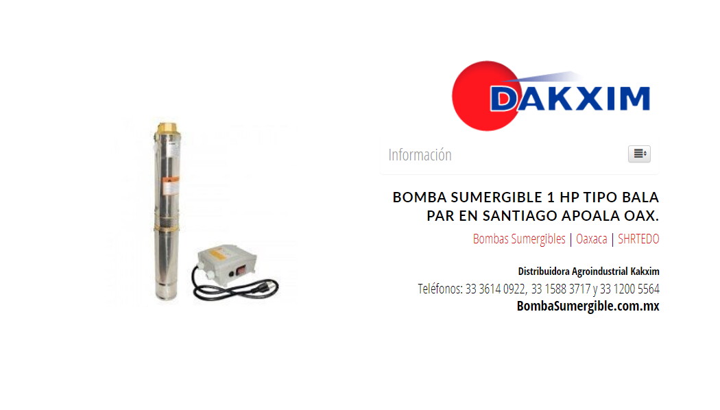 Bomba Sumergible 1 Hp Tipo Bala Par en Santiago Apoala Oax.