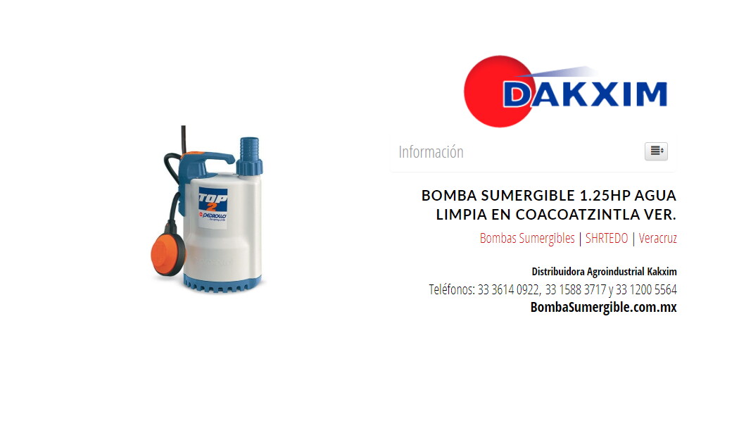 Bomba Sumergible 1.25hp Agua Limpia en Coacoatzintla Ver.