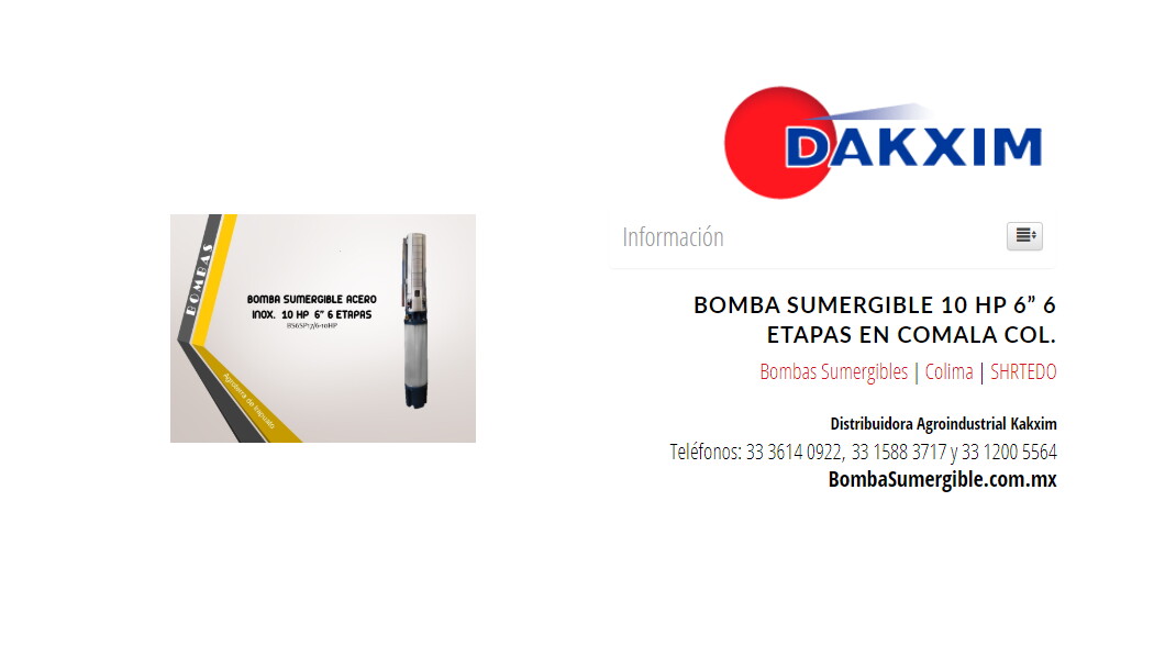 Bomba Sumergible 10 Hp 6» 6 Etapas en Comala Col.