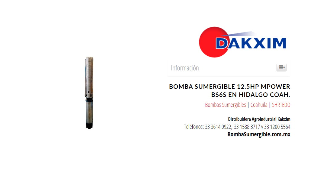 Bomba Sumergible 12.5hp Mpower Bs6s en Hidalgo Coah.