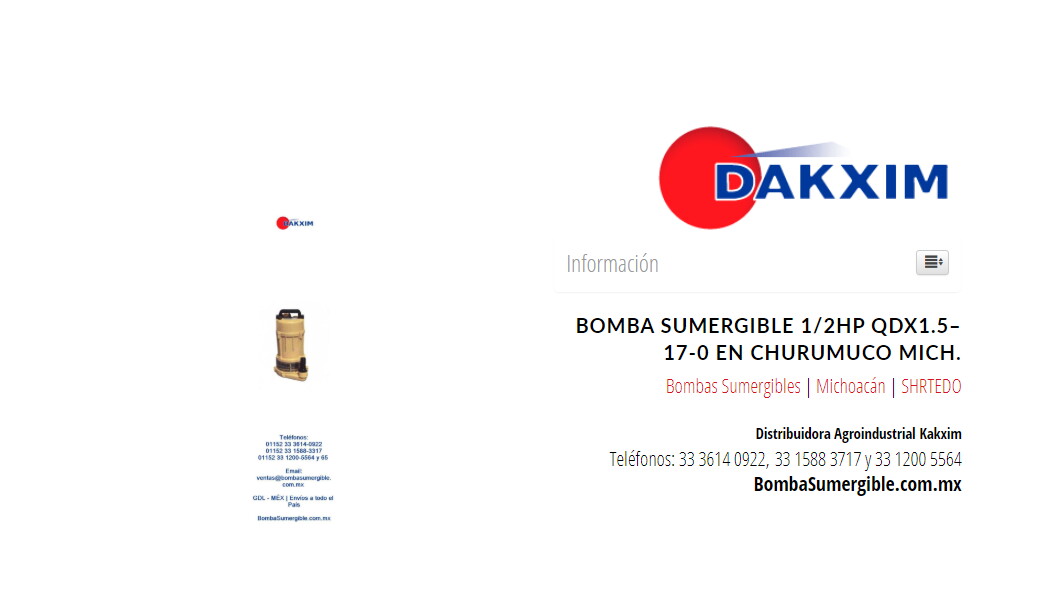 Bomba Sumergible 1/2hp Qdx1.5–17-0 en Churumuco Mich.