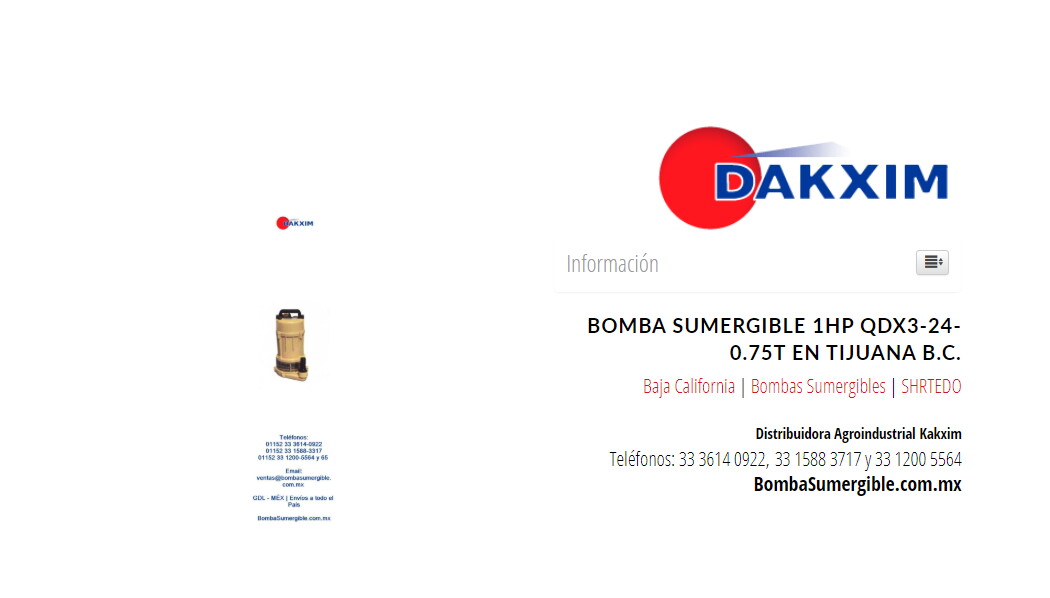 Bomba Sumergible 1hp Qdx3-24-0.75t en Tijuana B.C.
