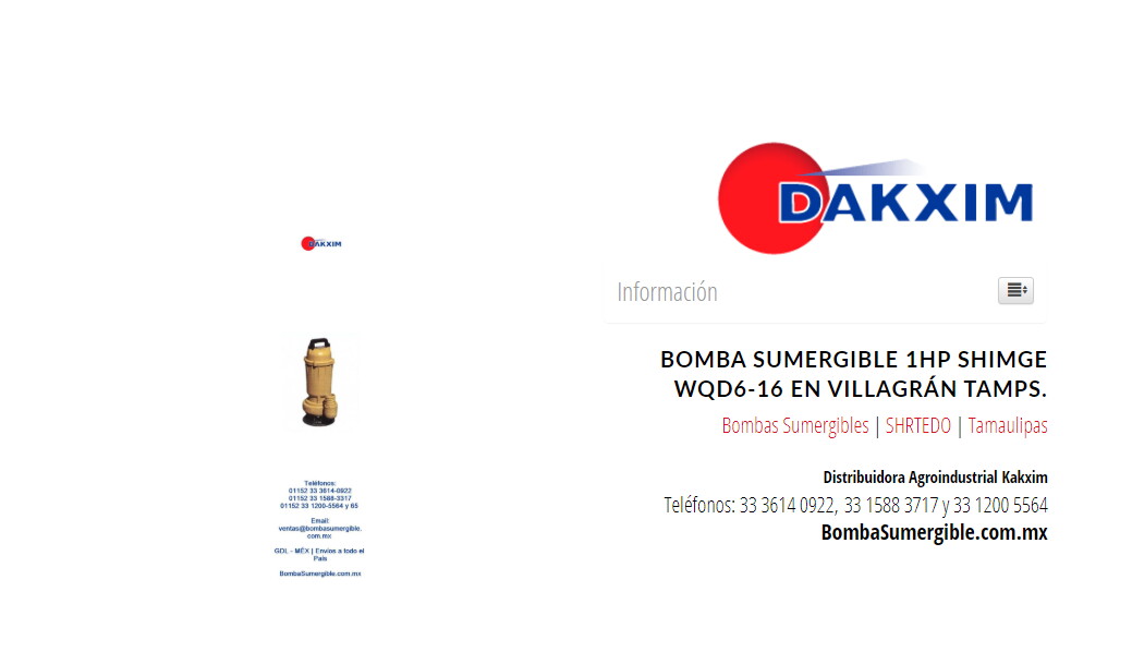Bomba Sumergible 1hp Shimge Wqd6-16 en Villagrán Tamps.