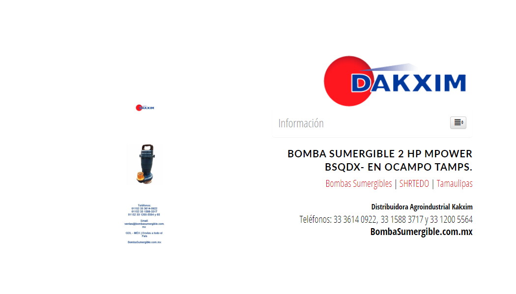 Bomba Sumergible 2 Hp Mpower Bsqdx- en Ocampo Tamps.
