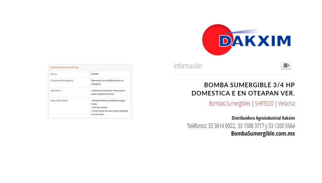 Bomba Sumergible 3/4 Hp Domestica E en Oteapan Ver.