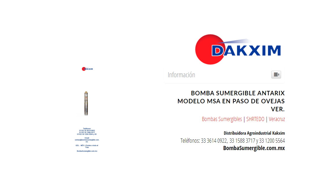 Bomba Sumergible Antarix Modelo Msa en Paso de Ovejas Ver.