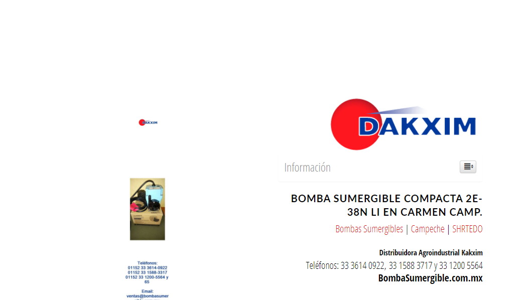 Bomba Sumergible Compacta 2e-38n Li en Carmen Camp.