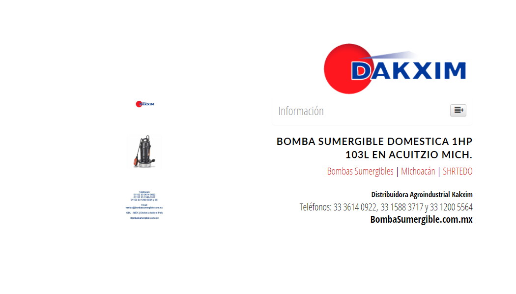 Bomba Sumergible Domestica 1hp 103l en Acuitzio Mich.