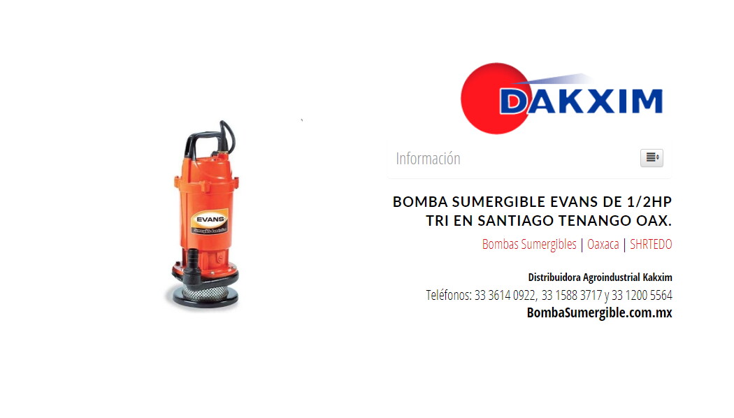 Bomba Sumergible Evans De 1/2hp Tri en Santiago Tenango Oax.