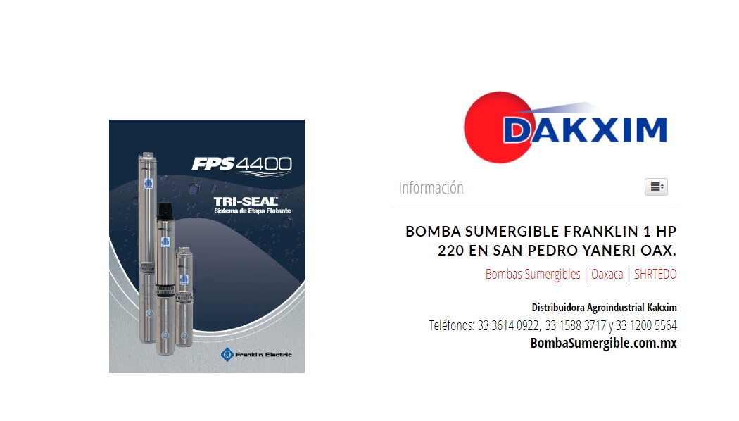 Bomba Sumergible Franklin 1 Hp 220 en San Pedro Yaneri Oax.