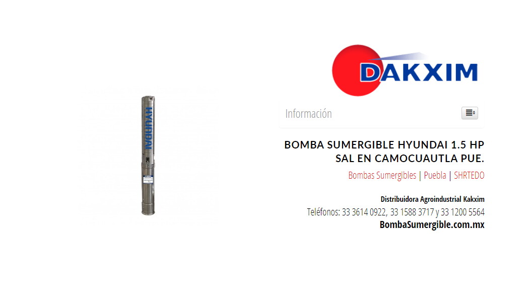 Bomba Sumergible Hyundai 1.5 Hp Sal en Camocuautla Pue.