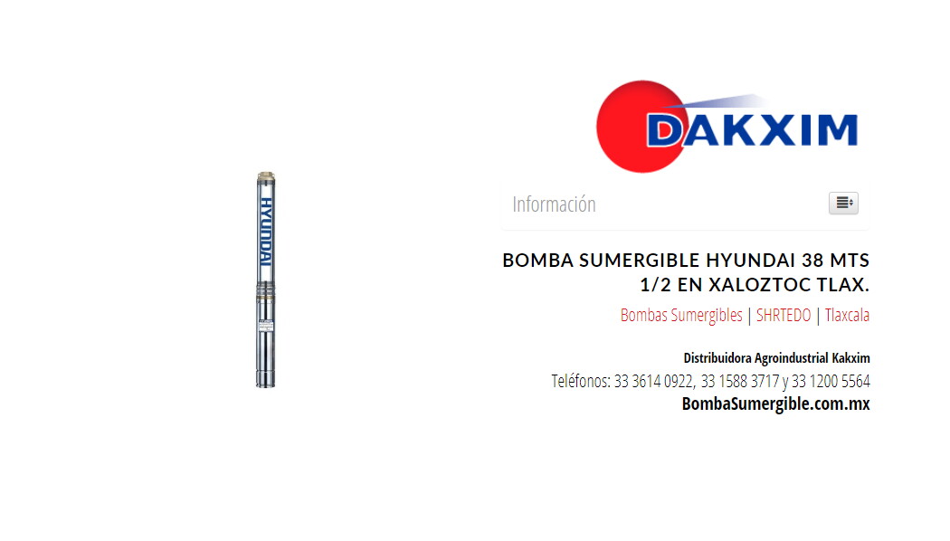 Bomba Sumergible Hyundai 38 Mts 1/2 en Xaloztoc Tlax.