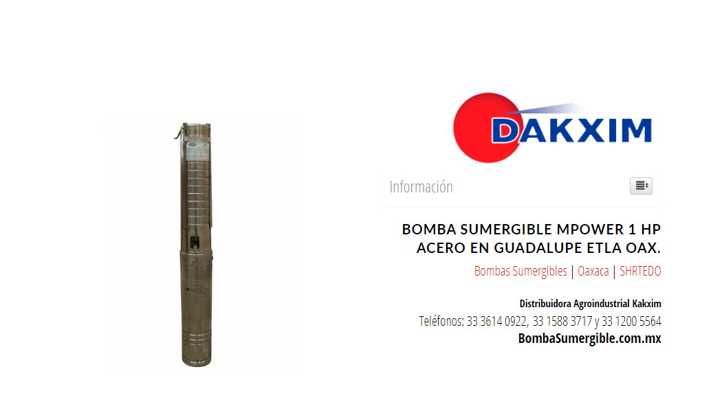 Bomba Sumergible Mpower 1 Hp Acero en Guadalupe Etla Oax.