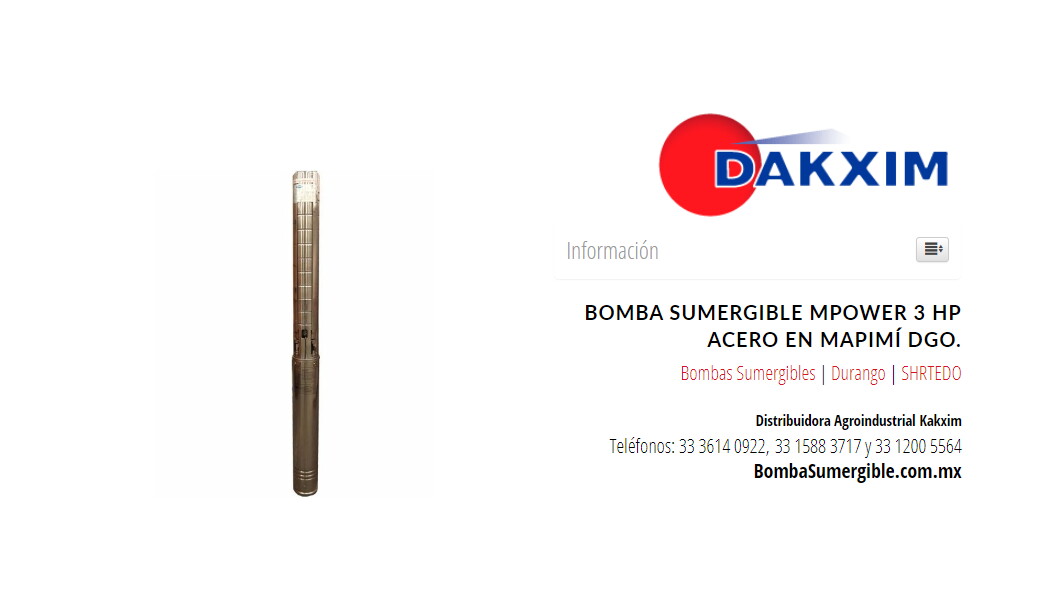 Bomba Sumergible Mpower 3 Hp Acero en Mapimí Dgo.