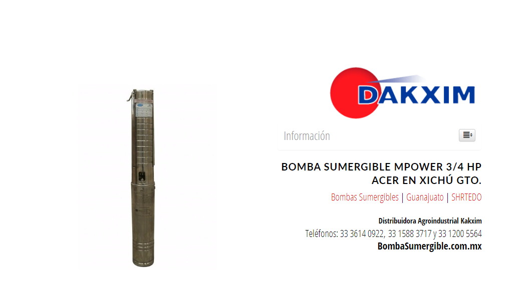Bomba Sumergible Mpower 3/4 Hp Acer en Xichú Gto.