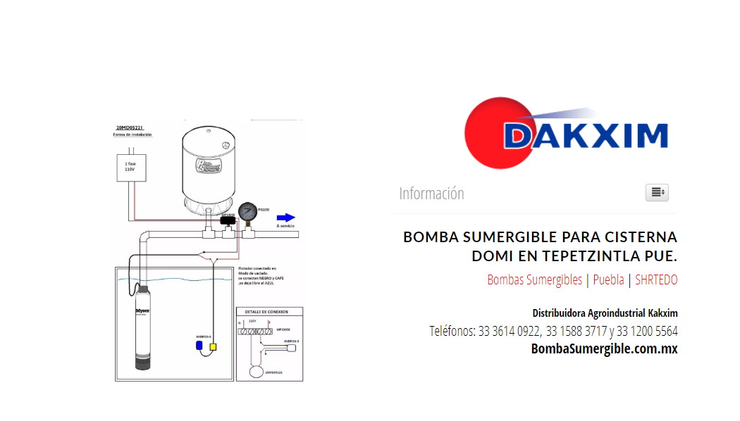 Bomba Sumergible Para Cisterna Domi en Tepetzintla Pue.