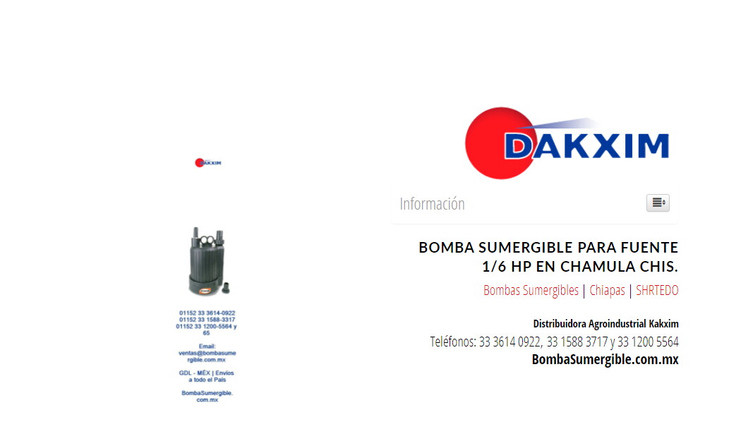 Bomba Sumergible Para Fuente 1/6 Hp en Chamula Chis.