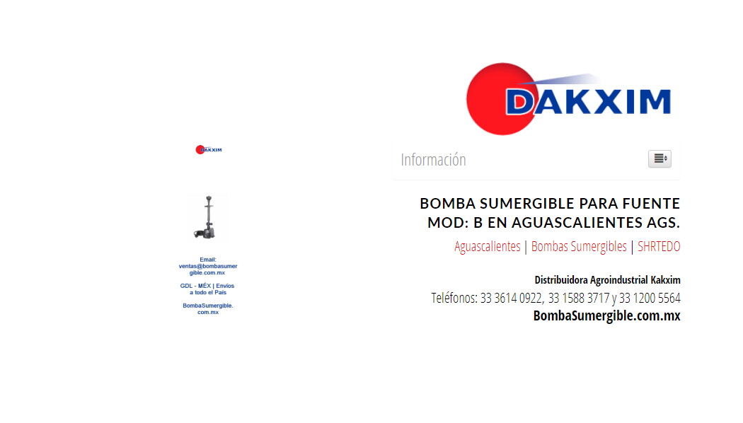 Bomba Sumergible Para Fuente Mod: B en Aguascalientes Ags.
