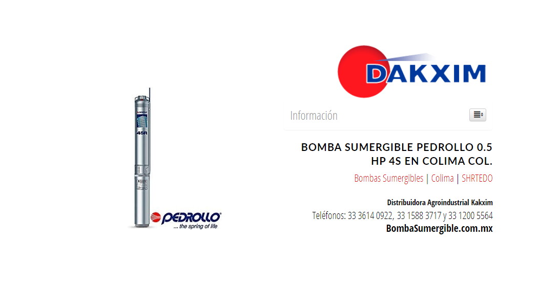 Bomba Sumergible Pedrollo 0.5 Hp 4s en Colima Col.