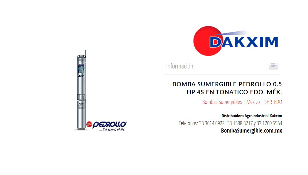 Bomba Sumergible Pedrollo 0.5 Hp 4s en Tonatico Edo. Méx.